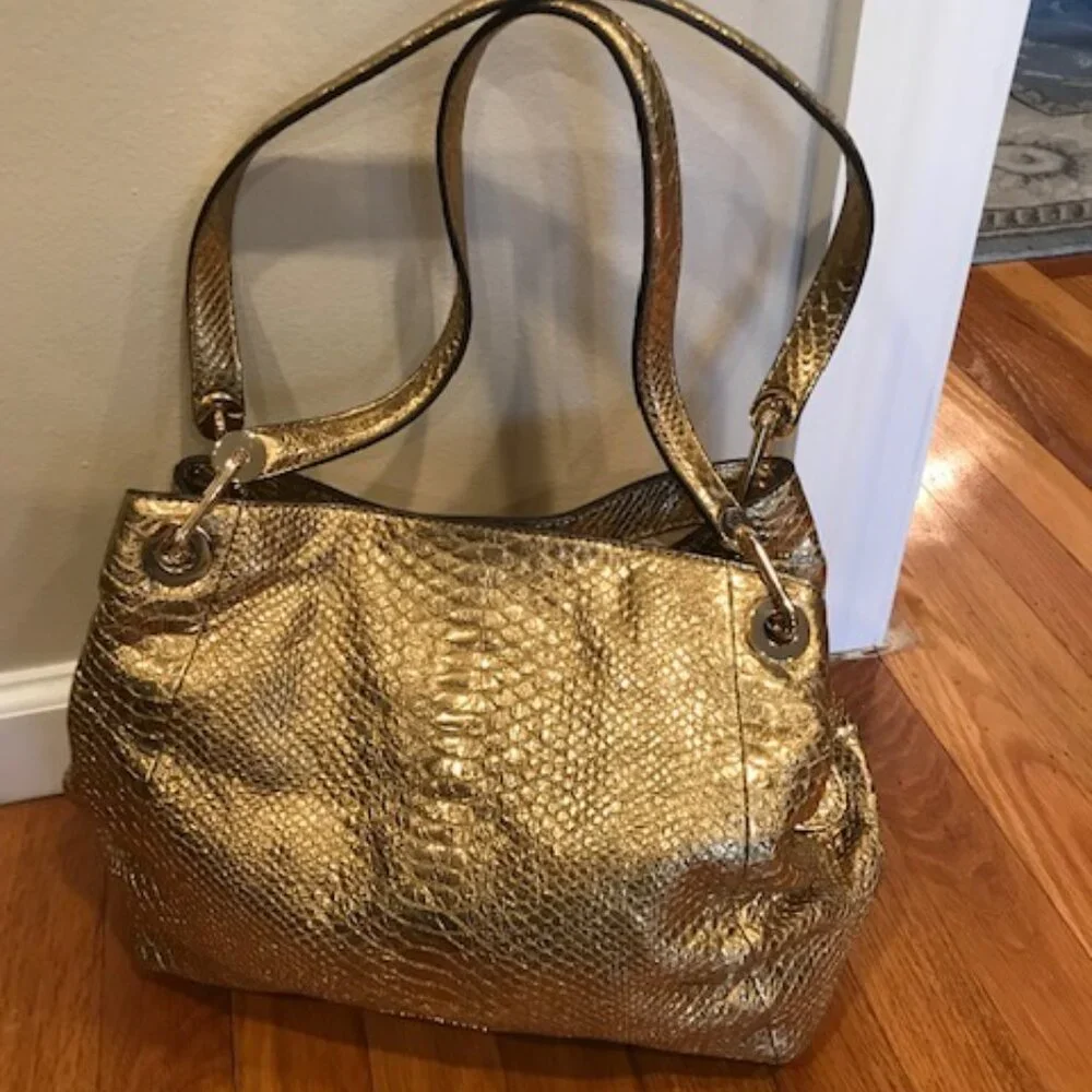 Michael Kors Raven Gold Metallic Embossed Shoulder Bag Tote - Picture 7 of 8